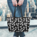 Black And White Monstera Pattern Print Leather Tote Bag