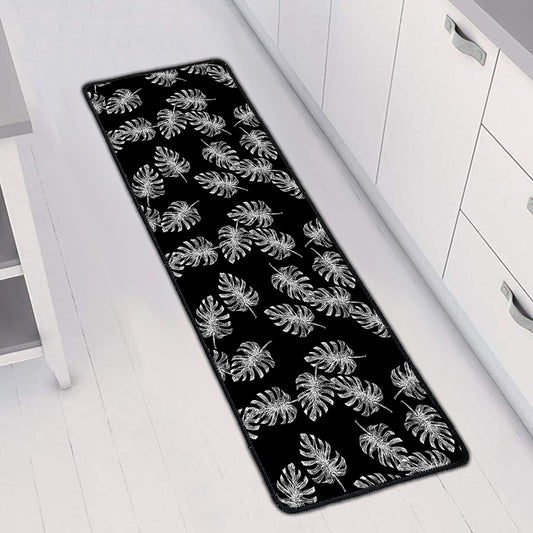 Black And White Monstera Pattern Print Long Kitchen Mat