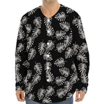 Black And White Monstera Pattern Print Long Sleeve Baseball Jersey