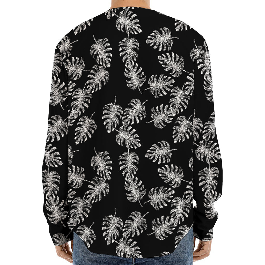 Black And White Monstera Pattern Print Long Sleeve Baseball Jersey