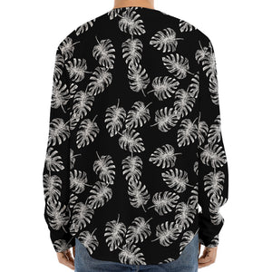 Black And White Monstera Pattern Print Long Sleeve Baseball Jersey