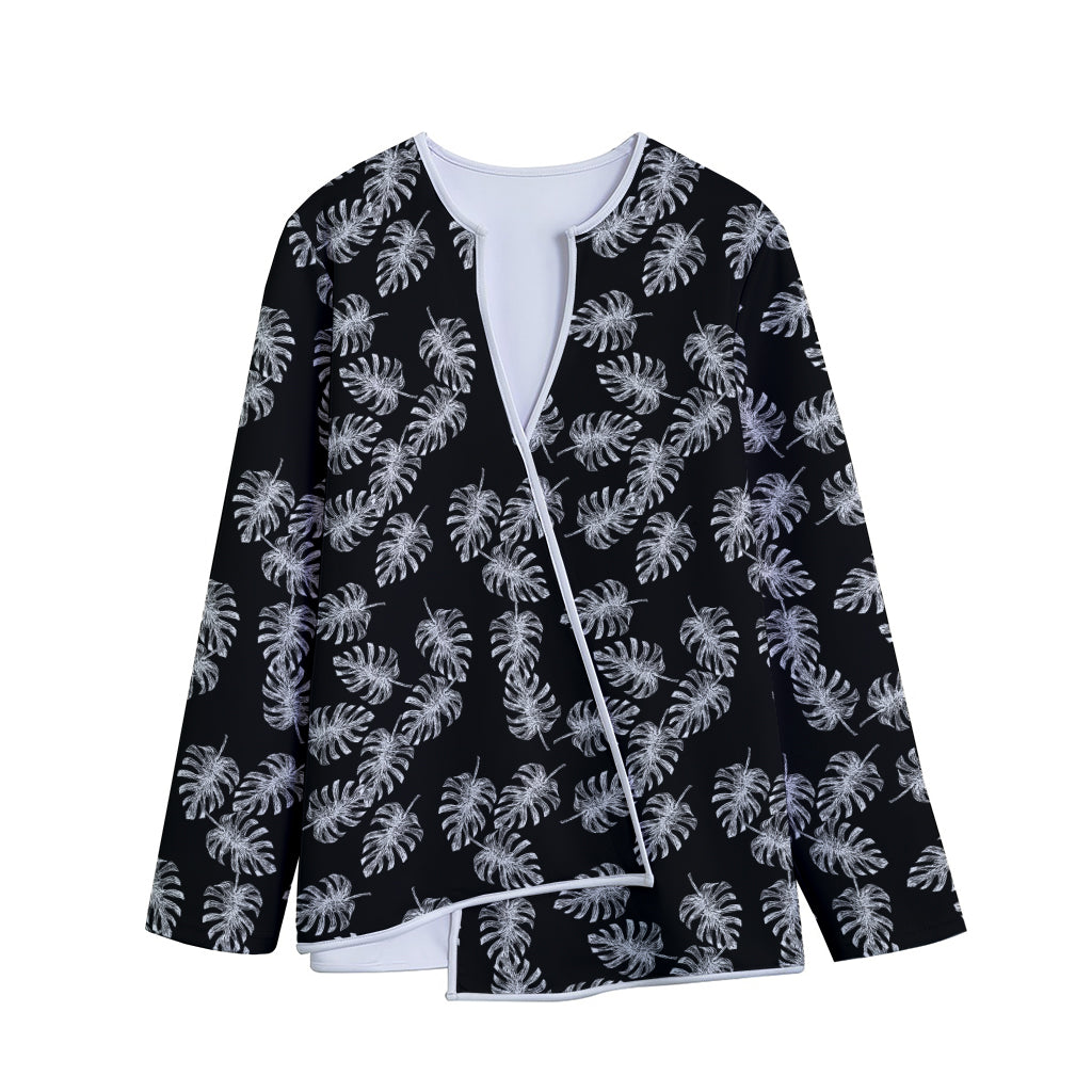 Black And White Monstera Pattern Print Long Sleeve Short Coat