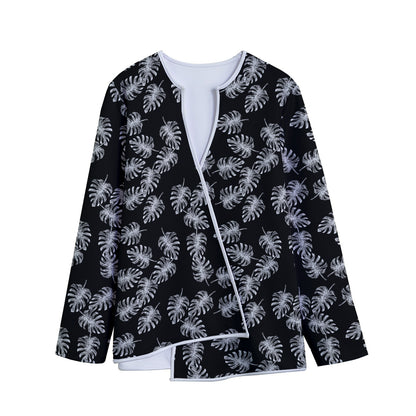 Black And White Monstera Pattern Print Long Sleeve Short Coat