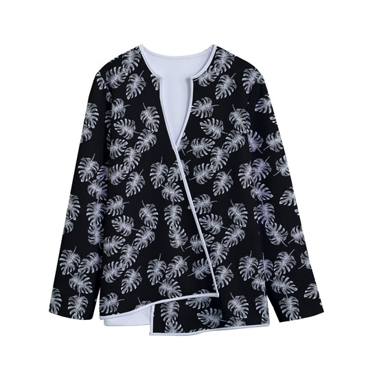 Black And White Monstera Pattern Print Long Sleeve Short Coat