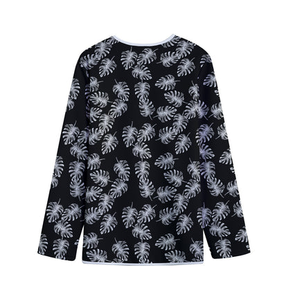 Black And White Monstera Pattern Print Long Sleeve Short Coat