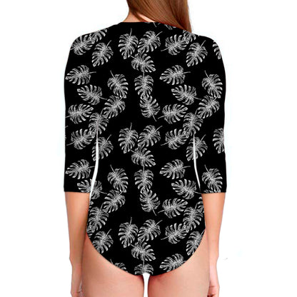 Black And White Monstera Pattern Print Long Sleeve Swimsuit