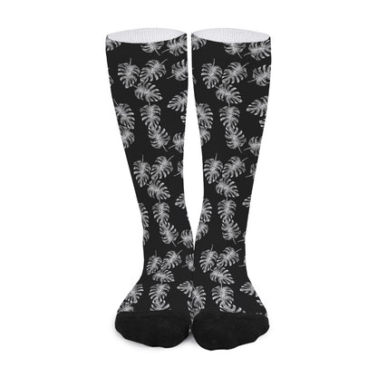 Black And White Monstera Pattern Print Long Socks