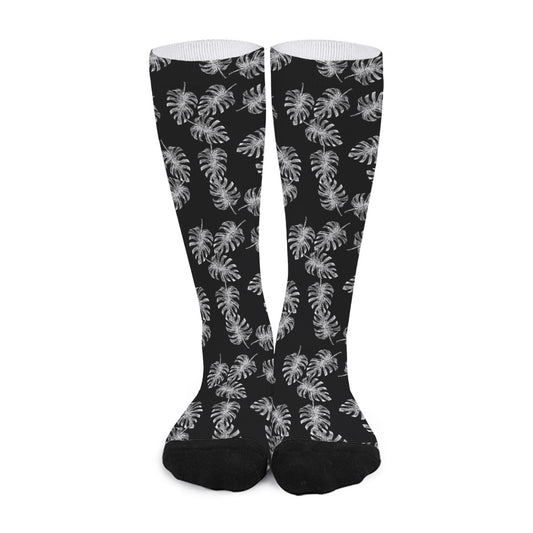 Black And White Monstera Pattern Print Long Socks