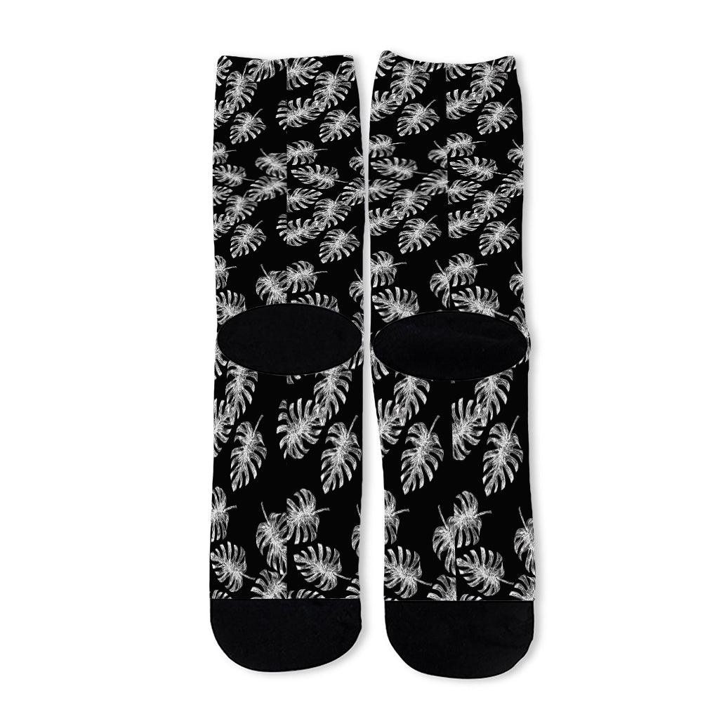 Black And White Monstera Pattern Print Long Socks