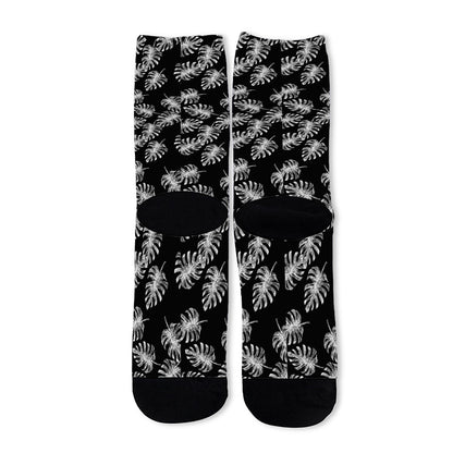 Black And White Monstera Pattern Print Long Socks