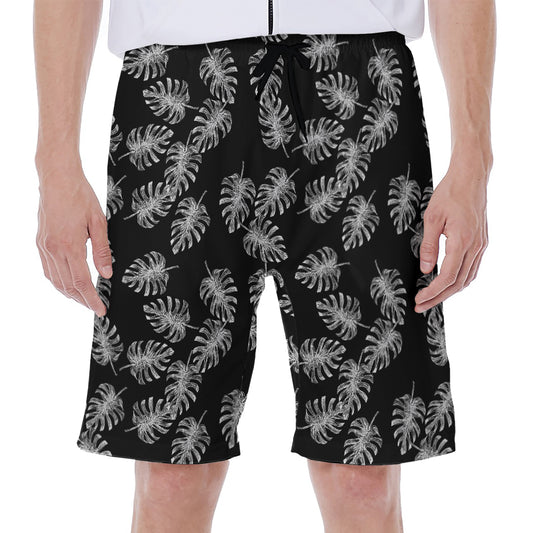 Black And White Monstera Pattern Print Men's Beach Shorts