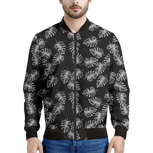Black And White Monstera Pattern Print Men's Bomber Jacket
