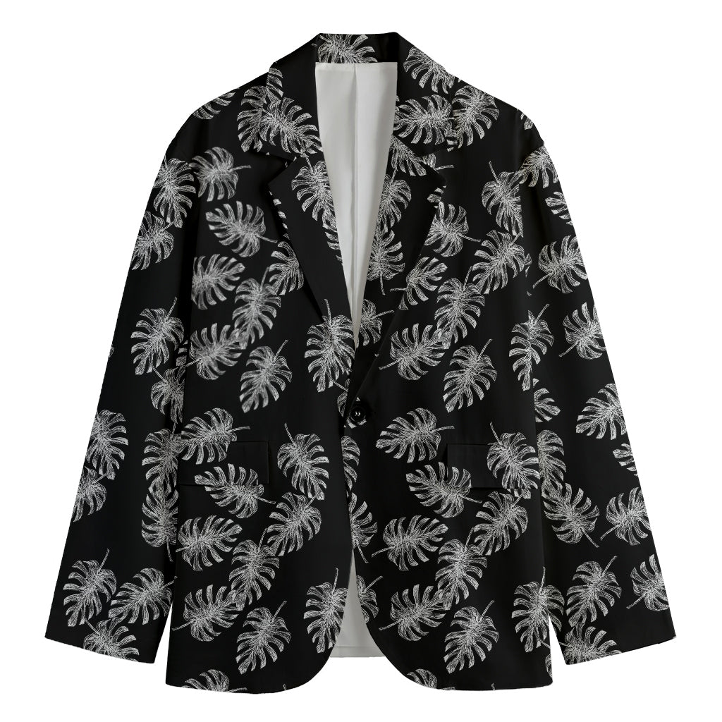 Black And White Monstera Pattern Print Men's Cotton Blazer
