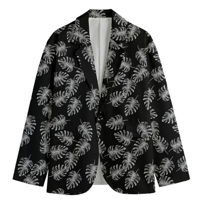 Black And White Monstera Pattern Print Men's Cotton Blazer