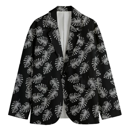 Black And White Monstera Pattern Print Men's Cotton Blazer