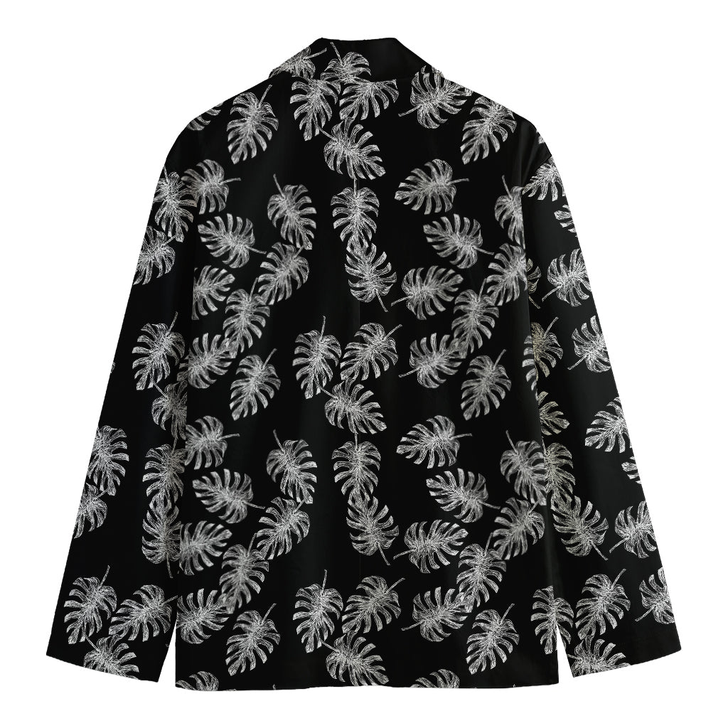 Black And White Monstera Pattern Print Men's Cotton Blazer