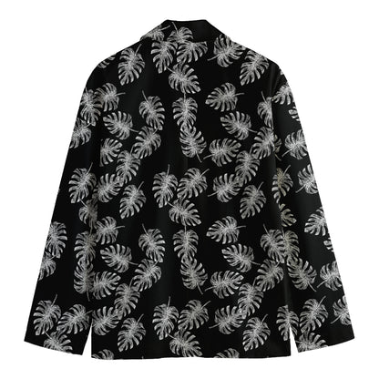 Black And White Monstera Pattern Print Men's Cotton Blazer