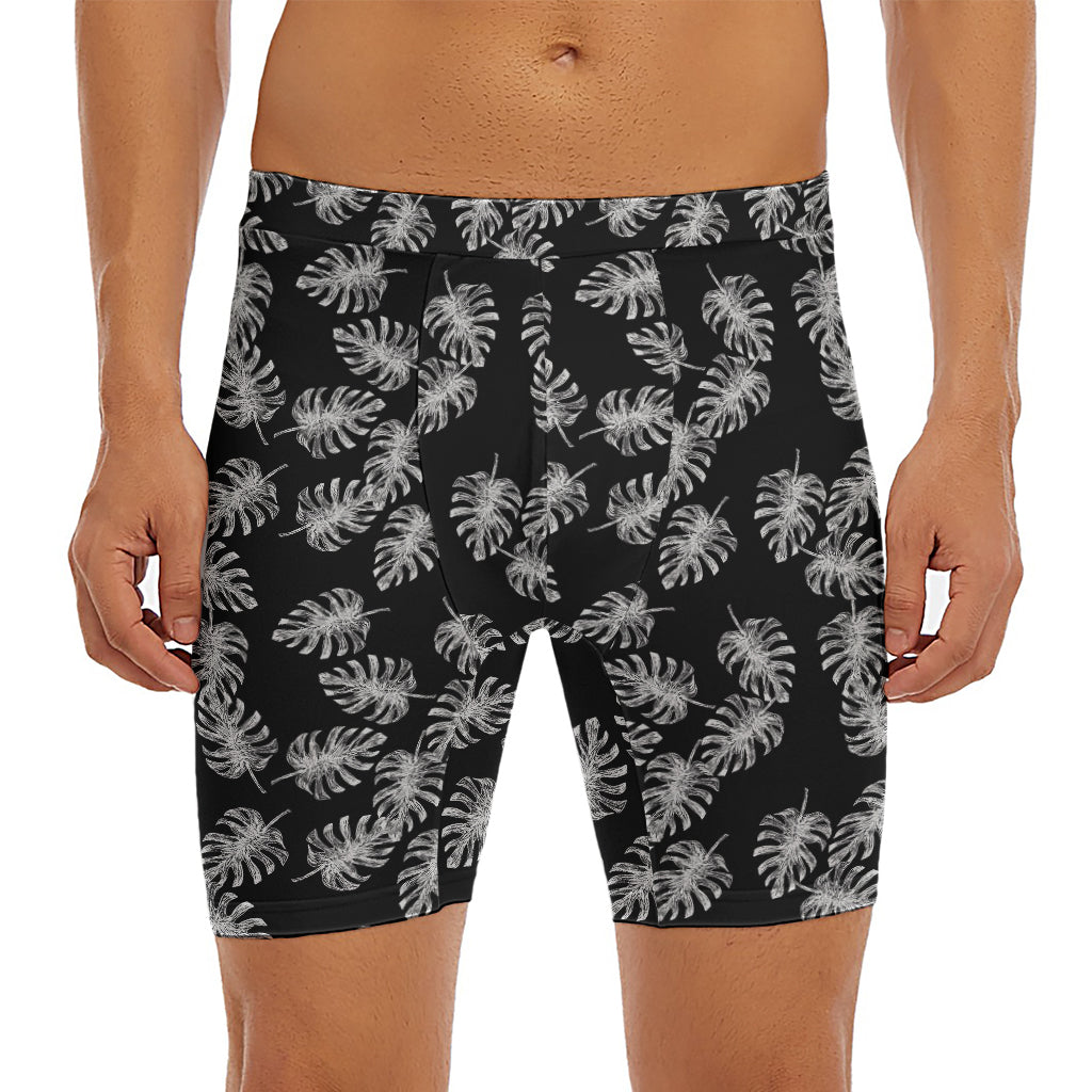Black And White Monstera Pattern Print Men's Long Boxer Briefs