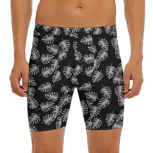 Black And White Monstera Pattern Print Men's Long Boxer Briefs