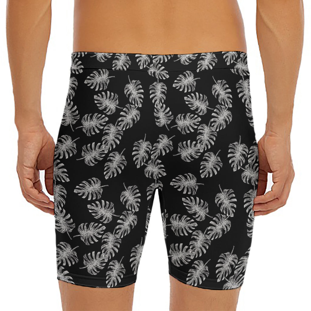 Black And White Monstera Pattern Print Men's Long Boxer Briefs