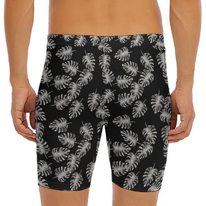 Black And White Monstera Pattern Print Men's Long Boxer Briefs