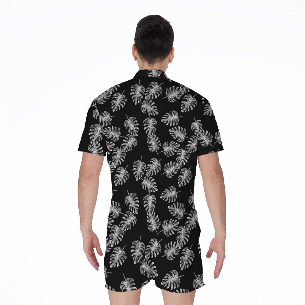 Black And White Monstera Pattern Print Men's Rompers