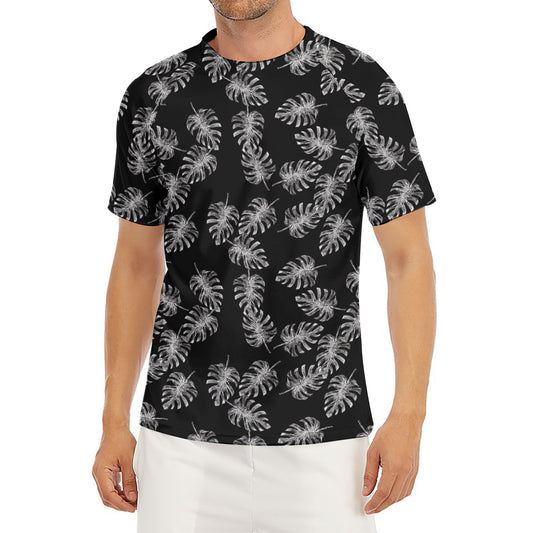 Black And White Monstera Pattern Print Men's Short Sleeve Rash Guard