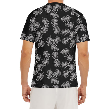 Black And White Monstera Pattern Print Men's Short Sleeve Rash Guard