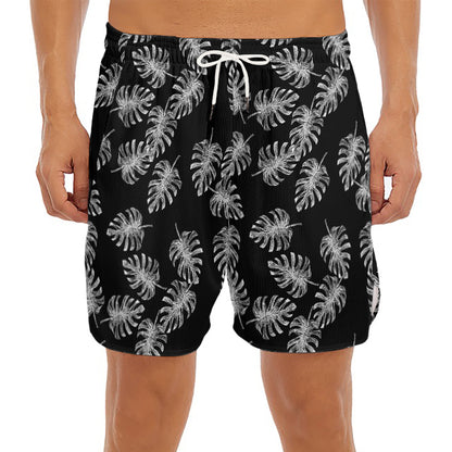 Black And White Monstera Pattern Print Men's Split Running Shorts