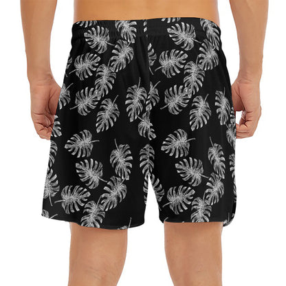 Black And White Monstera Pattern Print Men's Split Running Shorts