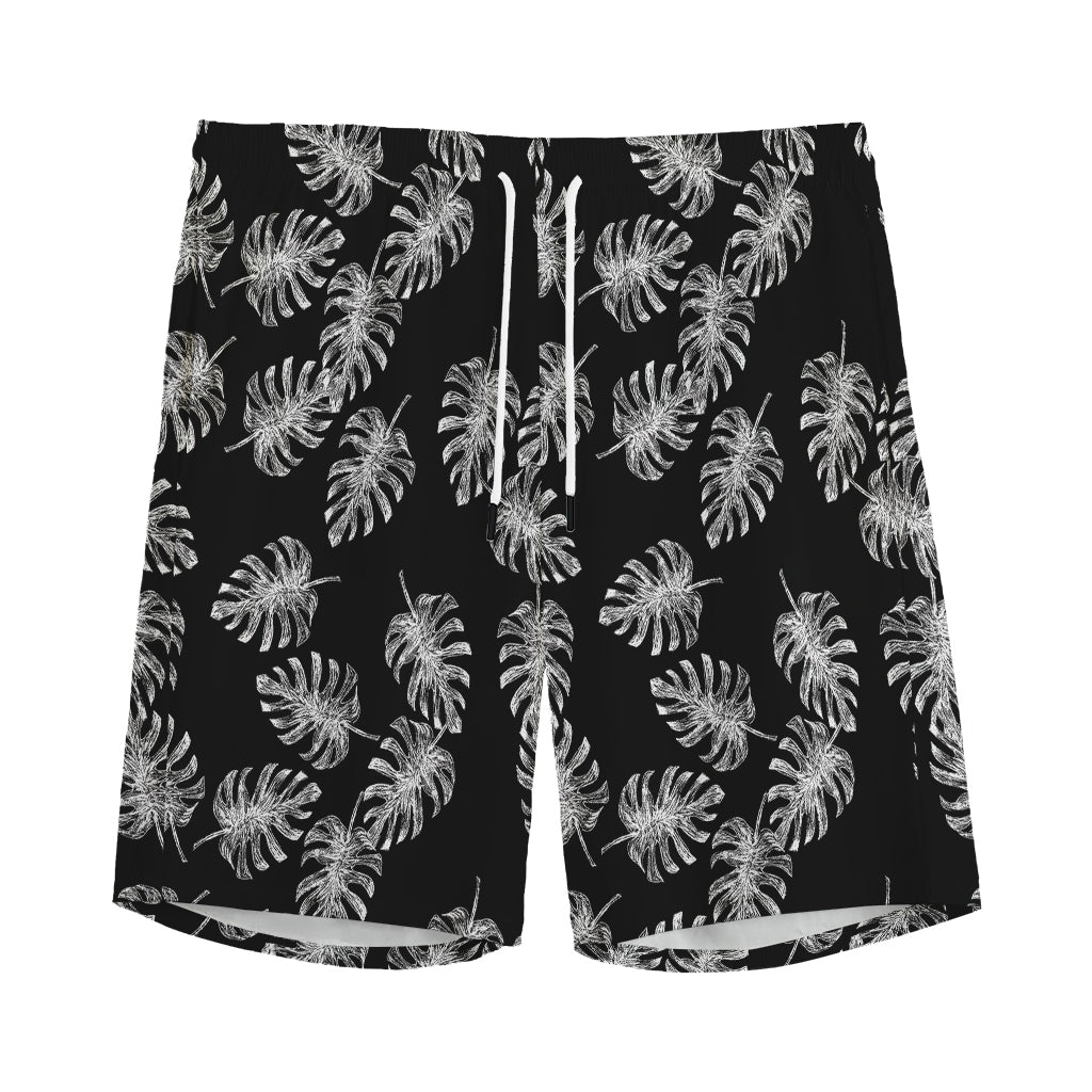Black And White Monstera Pattern Print Men's Sports Shorts