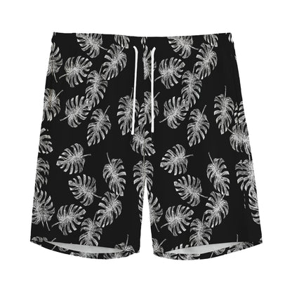 Black And White Monstera Pattern Print Men's Sports Shorts