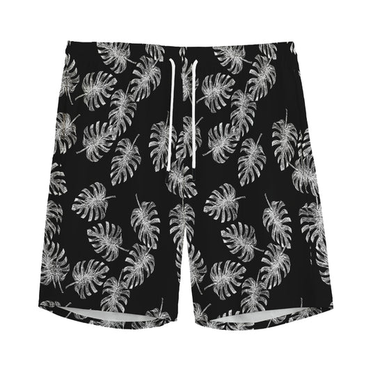 Black And White Monstera Pattern Print Men's Sports Shorts