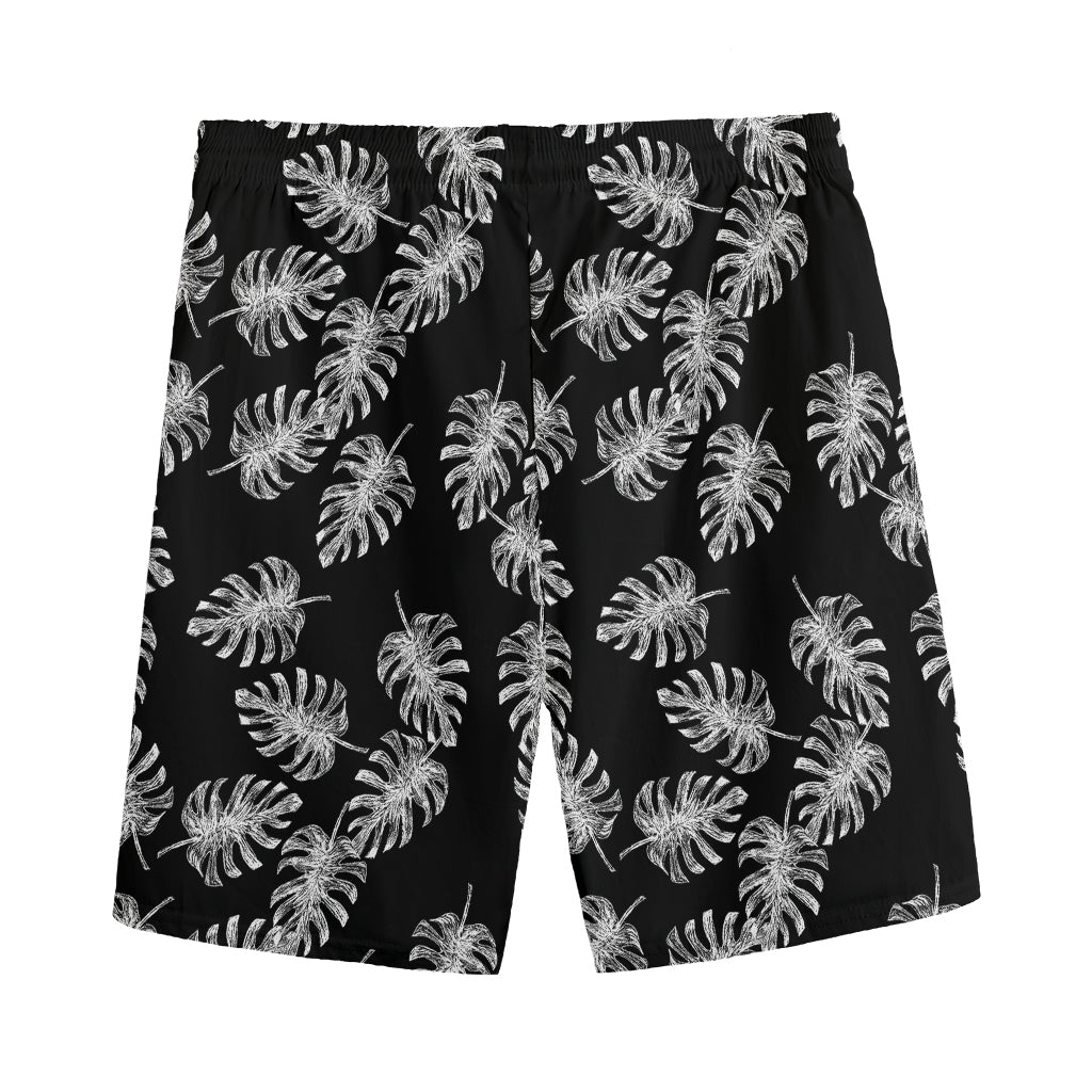 Black And White Monstera Pattern Print Men's Sports Shorts