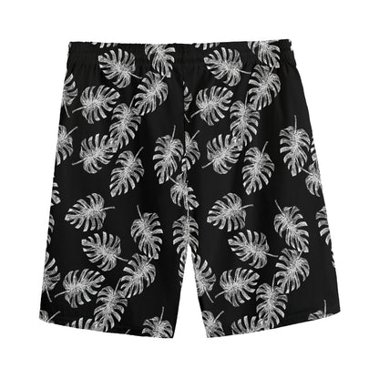 Black And White Monstera Pattern Print Men's Sports Shorts