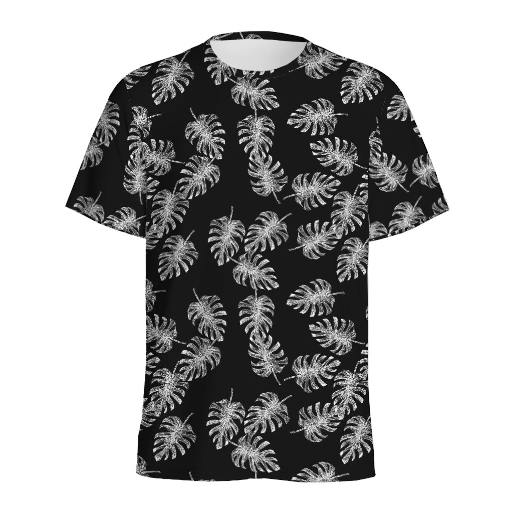 Black And White Monstera Pattern Print Men's Sports T-Shirt