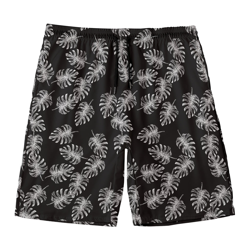Black And White Monstera Pattern Print Men's Swim Trunks