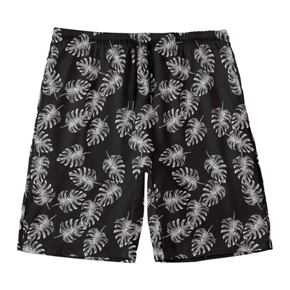 Black And White Monstera Pattern Print Men's Swim Trunks
