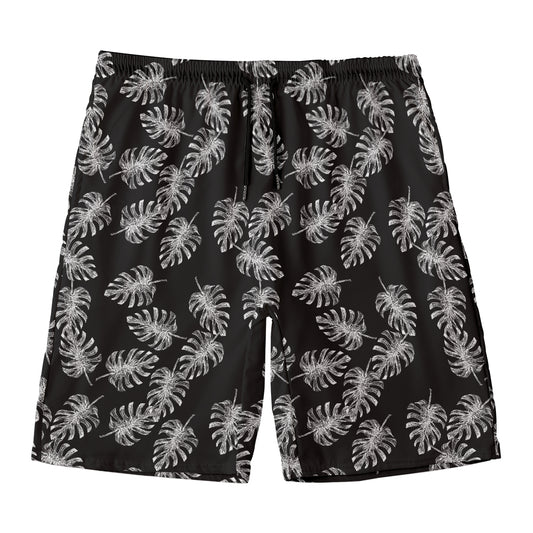 Black And White Monstera Pattern Print Men's Swim Trunks