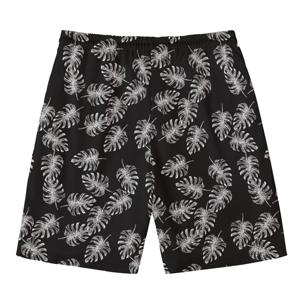 Black And White Monstera Pattern Print Men's Swim Trunks