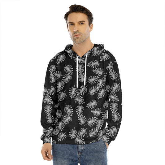 Black And White Monstera Pattern Print Men's Velvet Pullover Hoodie