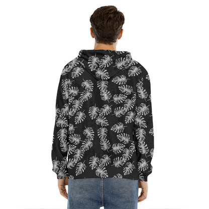 Black And White Monstera Pattern Print Men's Velvet Pullover Hoodie