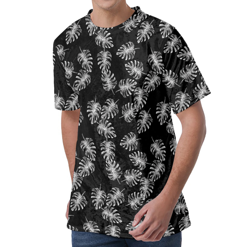 Black And White Monstera Pattern Print Men's Velvet T-Shirt