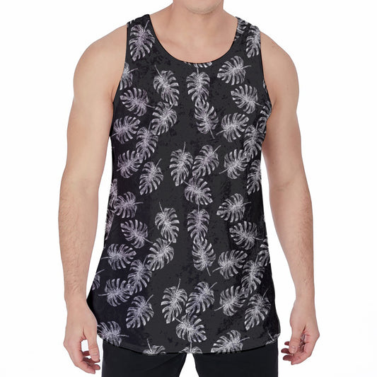 Black And White Monstera Pattern Print Men's Velvet Tank Top