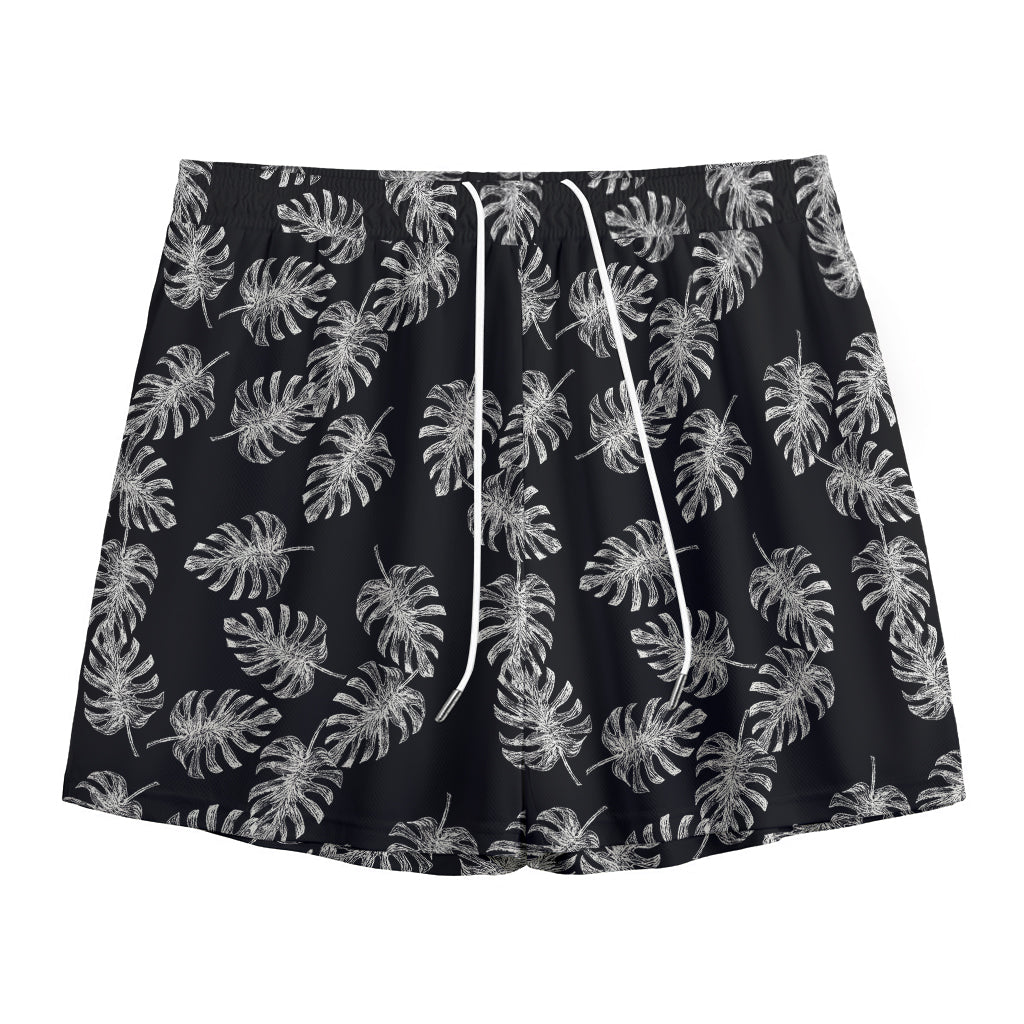 Black And White Monstera Pattern Print Mesh Shorts