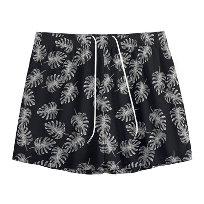 Black And White Monstera Pattern Print Mesh Shorts