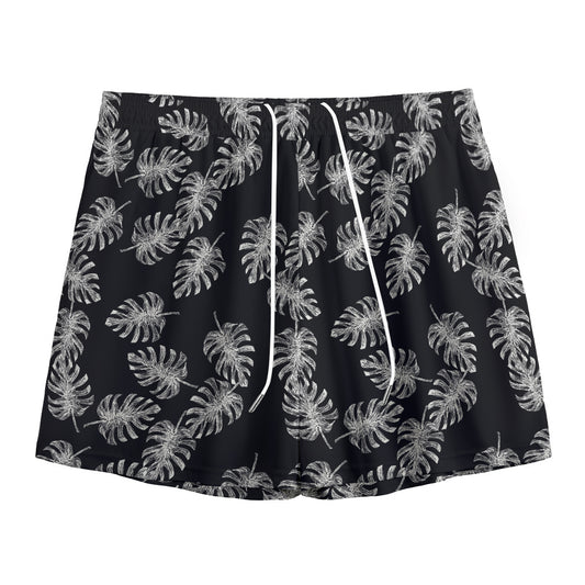 Black And White Monstera Pattern Print Mesh Shorts
