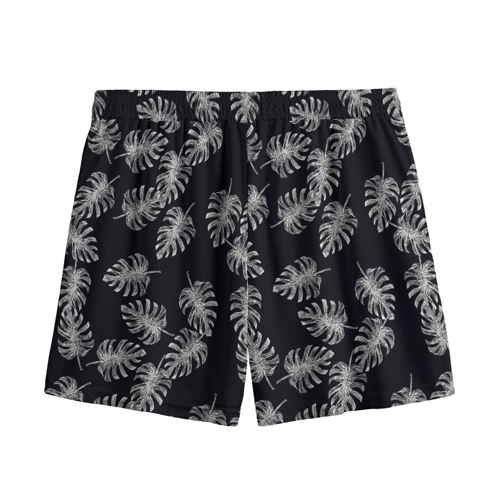 Black And White Monstera Pattern Print Mesh Shorts