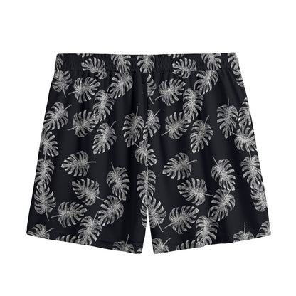 Black And White Monstera Pattern Print Mesh Shorts