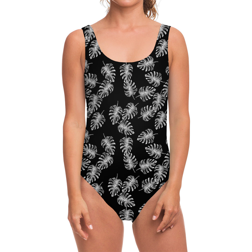 Black And White Monstera Pattern Print One Piece Swimsuit